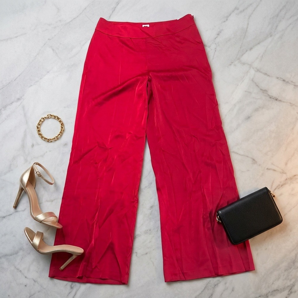 Anne Klein Red Wide Leg Satin Trousers Side Zip Dress Pants Womens 14